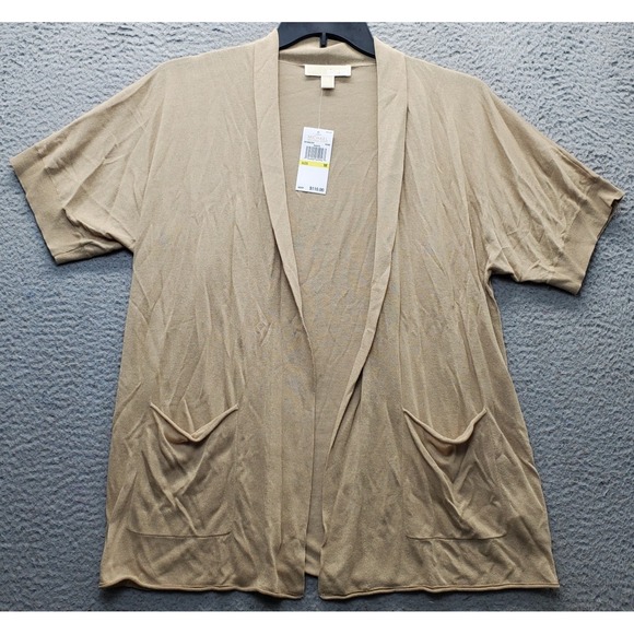 Michael Kors Cardigan Women's M Brown Knit Short Sleeve Draped Pocket Open Front - Picture 1 of 6